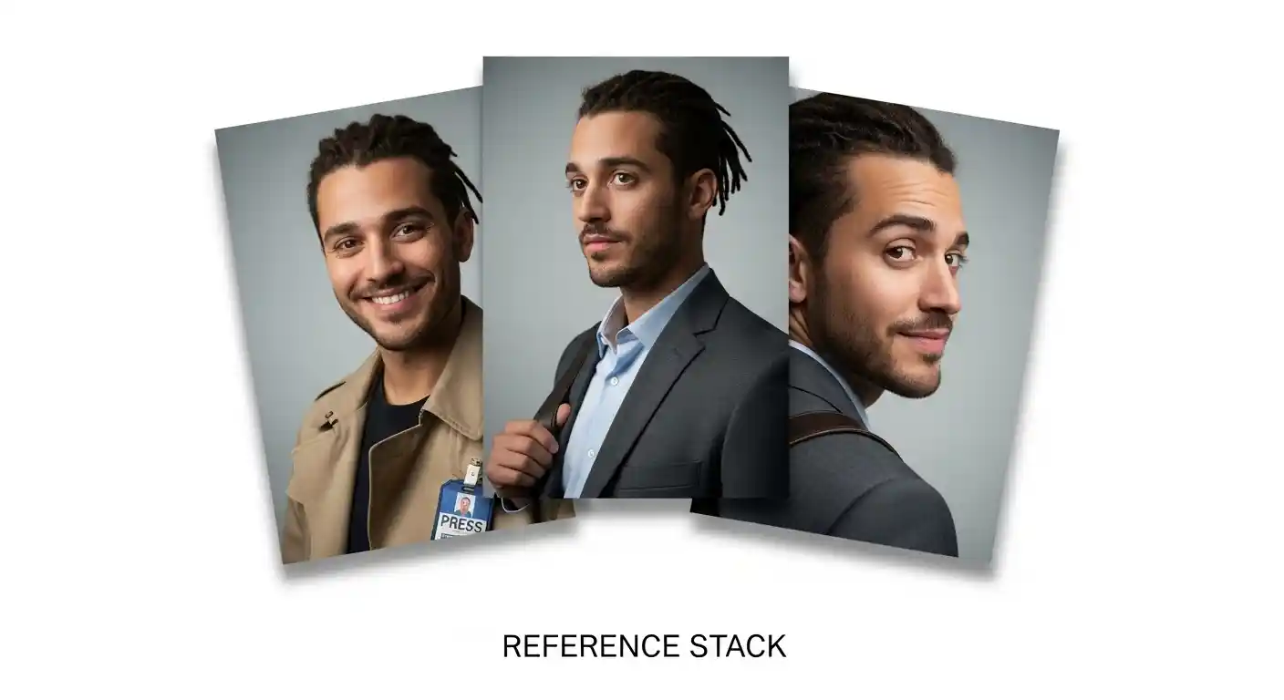 Three reference images anchoring a recurring character showing how to use reference portraits for maintaining character consistency across multiple Veo 3 video atoms