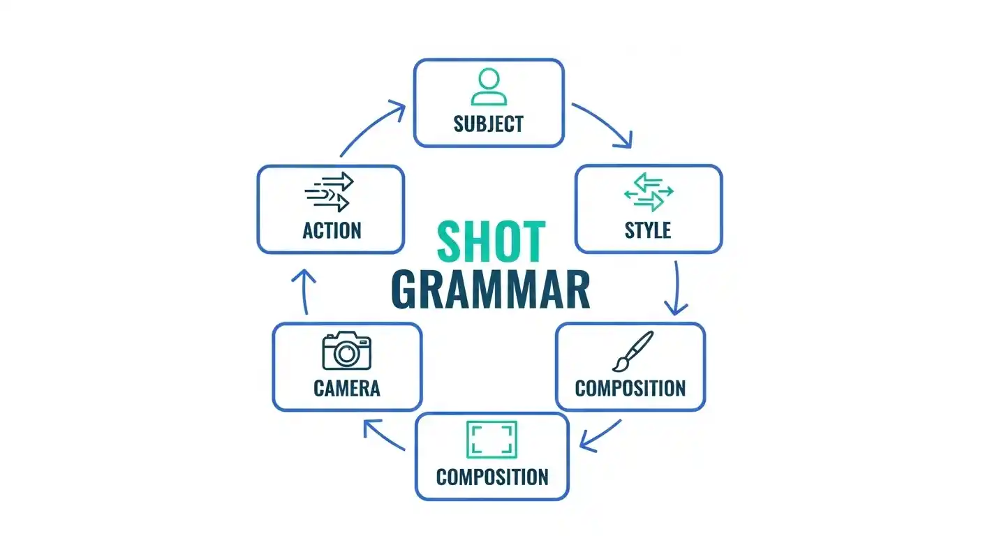 Subject, action, style, camera, composition, and ambiance blocks showing the complete visual grammar framework for writing effective Veo 3 video prompts