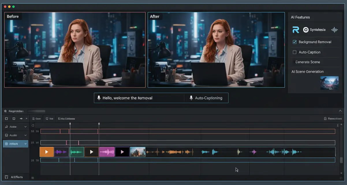 Video editing interface showing AI-powered features like background removal, auto-captioning, and scene generation