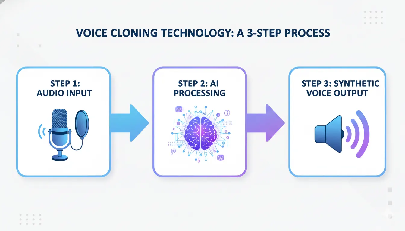 Three-step process of AI voice cloning from recording to synthesis